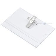 Vardo kortelės laikiklis su segtuku ir žiogeliu, 90x54mm, permatomas plastikas