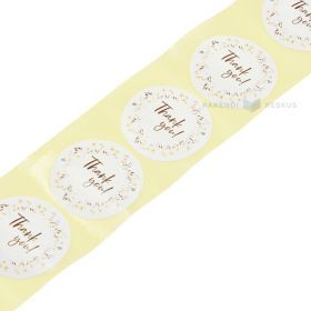 Lipdukai, diam. 48mm, balti, rudos gėlių girliandos „Thank You“, 50 vnt. ritinys
