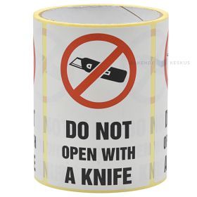 Lipnios etiketės, 105x75 mm, „Do not open with a knife“, 100 vnt. ritinyje