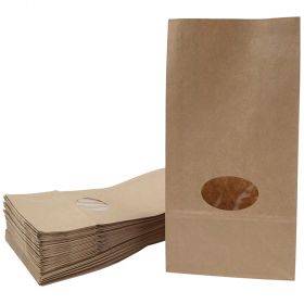 Rudo popieriaus maišelis su ovaliu langeliu ir platinta apačia 14+6,5x27cm, 50vnt/pakuotė