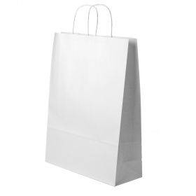 Baltas popierinis maišelis suktomis rankenėlėmis 32+12x41cm