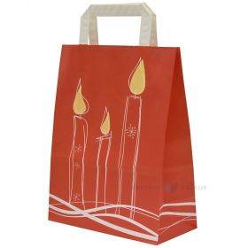 Raudonas popierinis maišelis plokščiomis rankenėlėmis, žvakių piešinys, 22+11x28cm