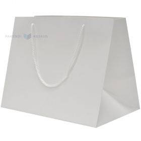 Baltas popierinis maišelis virvelinėmis rankenėlėmis 35+22x27,5cm