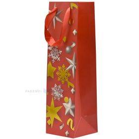 Žvaigždės raudoname fone popierinis maišelis vynui su juostelės rankenėlėmis 10,5+10,5x36,5cm