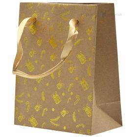 Popierinis dovanų maišelis juostelės rankenėlėmis, 11+6x14cm, auksinės dovanos, plunksnos, šakos kraft fone