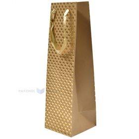 Popierinis dovanų maišelis vynui juostinėmis rankenėlėmis 11+11x36cm, Aukso taškai