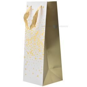 Dovanų maišelis su auksinėmis kaspino rankenomis, vynui, 13+13x36 cm, baltas fonas su auksiniais taškais ir žvaigždėmis centre