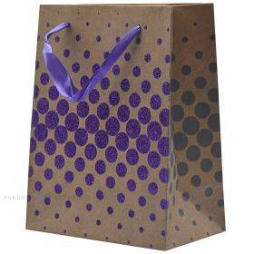 Popierinis dovanų maišelis juostelės rankenėlėmis, 18+10x23cm, blizgūs violetiniai apskritimai