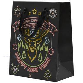 Popierinis dovanų maišelis juostelės rankenėlėmis, 18+10x23cm, elnias juodame fone