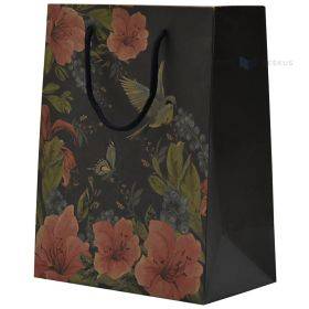 Popierinis dovanų maišelis juostelės rankenėlėmis, 18+10x23cm, gėlės, paukštis, drugelis juodame fone