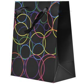 Dovanų maišelis su juodomis tekstilinėmis rankenomis, 18+10x23 cm, juodas fonas su neoniniais apskritimais