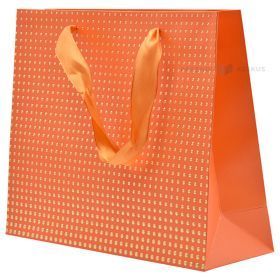 Dovanų maišelis su oranžinėmis tekstilinėmis rankenomis, 25+8x20 cm, oranžinis fonas su auksiniais taškeliais