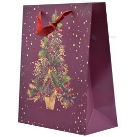 Dovanų maišelis su raudonomis tekstilinėmis rankenomis, 26+12x32 cm, bordo fonas su eglute