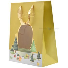Dovanų maišelis su auksinėmis tekstilinėmis rankenomis, 26+12x32 cm, auksinis, maži eglutės ir dovanos, PVC langelis, Merry Christmas