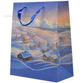 Popierinis dovanų maišelis juostelės rankenėlėmis, 26+12x32cm, mėlynas sniegas, kalnų nameliai