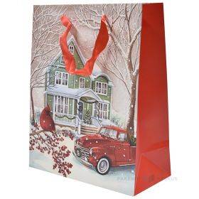 Kalėdinis dovanų maišelis Namai ir automobilis, popierinis 26+12x32cm