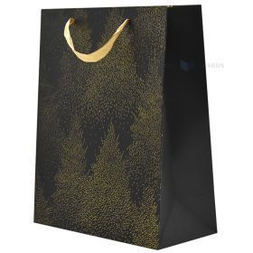 Dovanų maišelis su juodomis juostinėmis rankenomis, 26+12x32cm, juodas fonas su auksinėmis eglutėmis