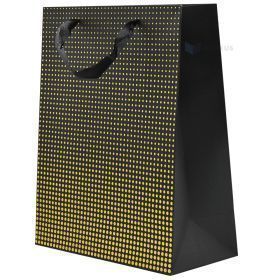 Dovanų maišelis su juodomis tekstilinėmis rankenomis, 26+12x32 cm, juodas fonas su auksiniais taškeliais