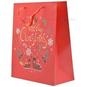 Dovanų maišelis su raudonomis juostinėmis rankenomis, 26+12x32cm, raudonas fonas su gulintys elniai, Merry Christmas
