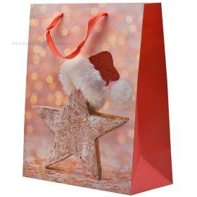 Popierinis dovanų maišelis juostelės rankenėlėmis, 26+12x32cm, žvaigždė su kepure, raudonais šonais