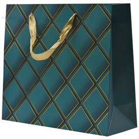 Popierinis dovanų maišelis juostelės rankenėlėmis, 32+11x26cm, deimantai mėlyname fone