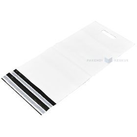 Plastikinis siuntų vokas su rankenėlėmis, 25x42+7+7cm, 2 klijų juostos, perforacija, juodas/baltas