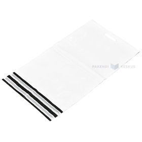 Plastikinis siuntų vokas su rankenėlėmis, 36x52+7+7cm, 2 klijų juostos, perforacija, juodas/baltas