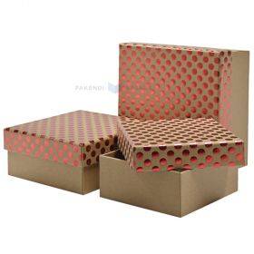 Dovanų dėžučių rinkinys, ruda dėžutė raudonas taškuotas dangtelis, 3vnt
