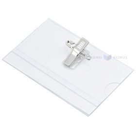 Vardo kortelės laikiklis su segtuku ir žiogeliu, 90x54mm, permatomas plastikas