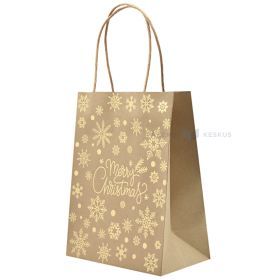 Dovanų maišelis su spiralinėmis popierinėmis rankenomis, 18+10x23 cm, kraft fonas su aukso spalvos užrašu Merry Christmas