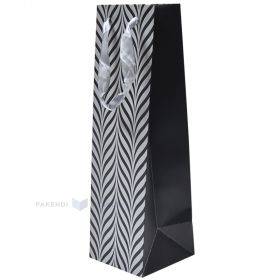 Popierinis dovanų maišelis vynui juostinėmis rankenėlėmis 11+11x36cm, Zebra, juodas