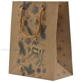 Popierinis dovanų maišelis juostelės rankenėlėmis, 18+10x23cm, elniai, eglių šakos ir kalėdiniai papuošimai