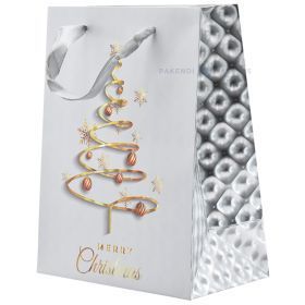 Dovanų maišelis su pilkomis tekstilinėmis rankenomis, 18+10x23 cm, pilkas fonas su spiralės formos eglute, blizgūs kraštai, Merry Christmas