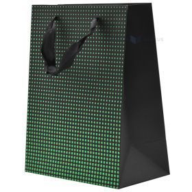 Dovanų maišelis su juodomis tekstilinėmis rankenomis, 18+10x23 cm, juodas fonas su žaliais taškeliais