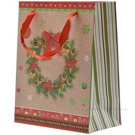 Popierinis dovanų maišelis juostelės rankenėlėmis, 18+10x23cm, kalėdinis vainikas rudame fone
