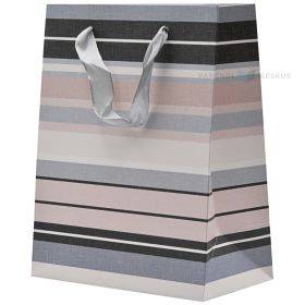 Popierinis dovanų maišelis juostelės rankenėlėmis, 18+10x23cm, rožinės ir pilkos spalvos juostelės