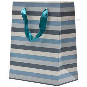 Popierinis dovanų maišelis juostelės rankenėlėmis, 18+10x23cm, baltos, mėlynos ir pilkos juostelės