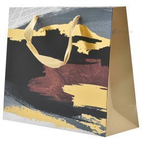 Dovanų maišelis su auksinėmis tekstilinėmis rankenomis, 25+8x20 cm, juoda-aukso-ruda-pilka dėmių raštas
