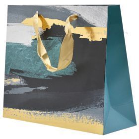 Dovanų maišelis su auksinėmis tekstilinėmis rankenomis, 25+8x20 cm, juoda-aukso-mėlyna-pilka dėmių raštas