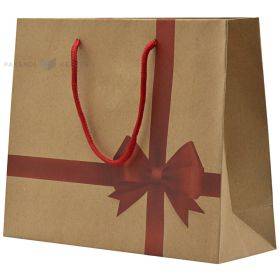 Popierinis dovanų maišelis juostelės rankenėlėmis, 25+8x20cm, raudonas kaklaraištis rudame fone