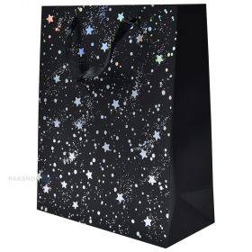 Dovanų maišelis Sidabrinės žvaigdžės, popierinis juodas 26+12x32cm