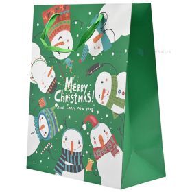 Dovanų maišelis su žaliomis juostinėmis rankenomis, 26+12x32cm, žalias fonas su besmegeniais ratu, Merry Christmas
