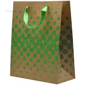 Popierinis dovanų maišelis juostelės rankenėlėmis, 26+12x32cm, žali blizgūs apskritimai