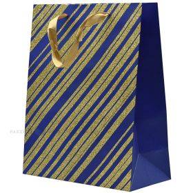 Popierinis dovanų maišelis juostelės rankenėlėmis, 26+12x32cm, auksinės įstrižos juostelės mėlyname fone