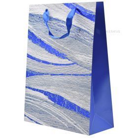 Dovanų maišelis su mėlynomis juostinėmis rankenomis, 30+12x40cm, mėlynos ir baltos plačios teptuko linijos
