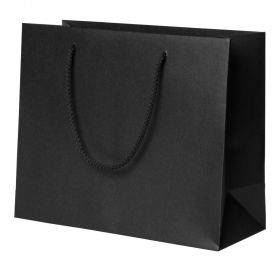 Žėrintis juodas popierinis maišelis virvelinėmis rankenėlėmis 24+10x20cm
